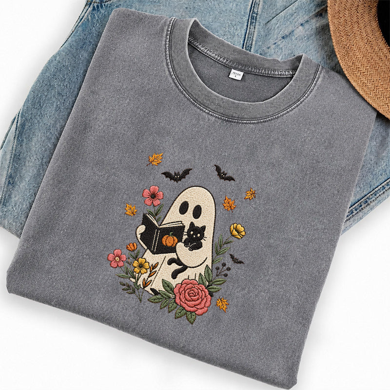 Embroidered Floral Ghost Reading Washed Crew Neck T-Shirt
