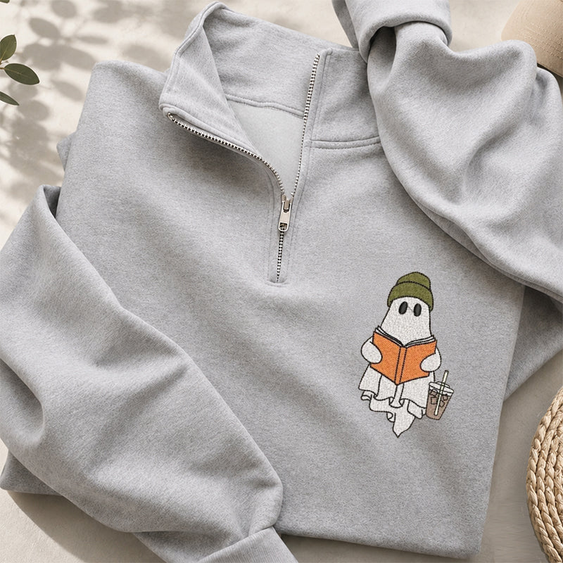 Embroidered Cute Ghost Reading Classic Quarter Zip Sweatshirt