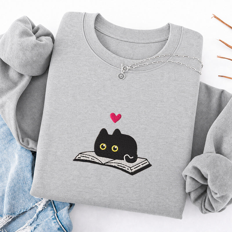 Embroidered Black Cat And Book Classic Crewneck Sweatshirt