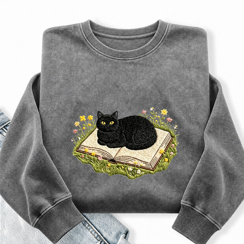 Embroidered Black Cat Book Washed Crewneck Sweatshirt
