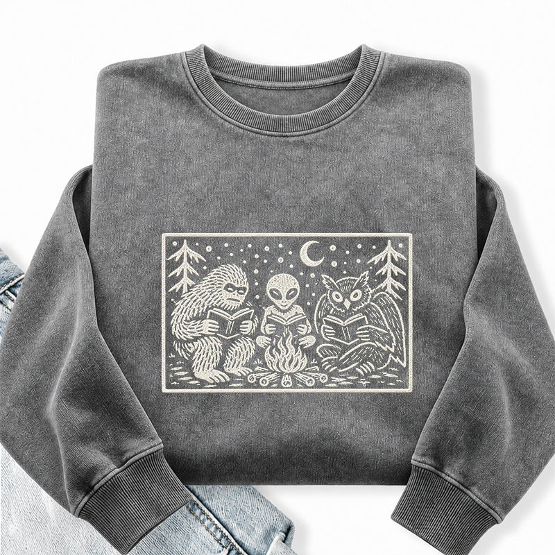 Embroidered Cryptid Book Club Washed Crewneck Sweatshirt