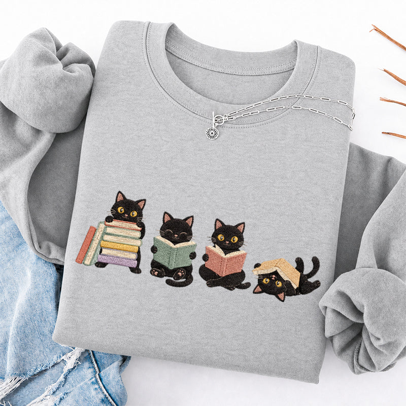 Embroidered Cat Reading Classic Crewneck Sweatshirt