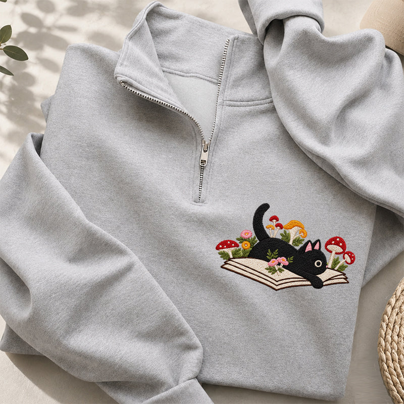 Embroidered Black Cat Mushroom Book Classic Quarter Zip Sweatshirt