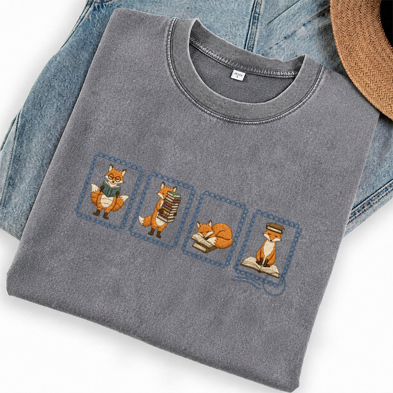 Embroidered Fox Reading Washed Crew Neck T-Shirt