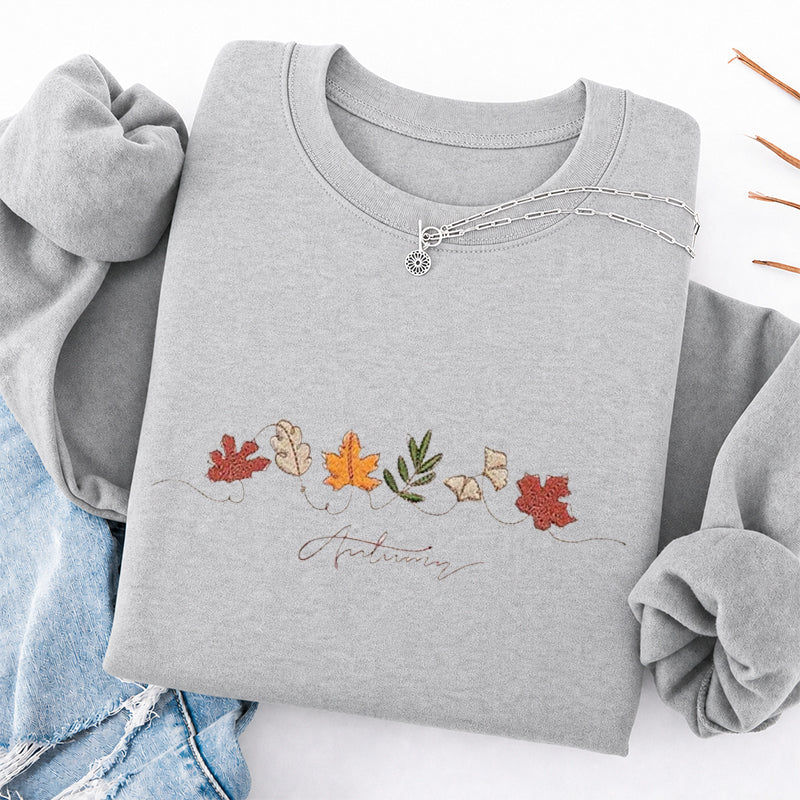 Embroidered Autumn Leaves Classic Crewneck Sweatshirt