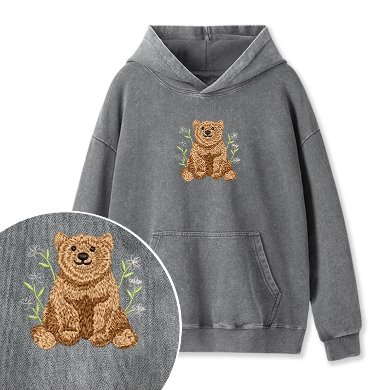 Embroidered Floral Bear Washed Hoodie