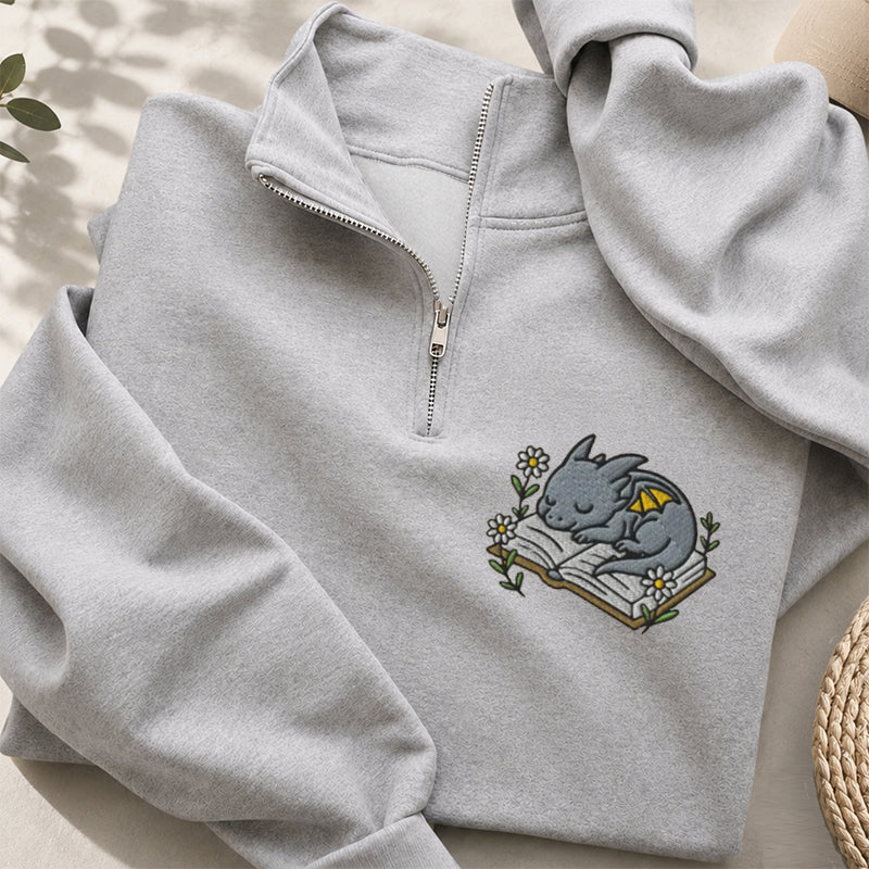 Embroidered Dragon Book Reading Classic Quarter Zip Sweatshirt