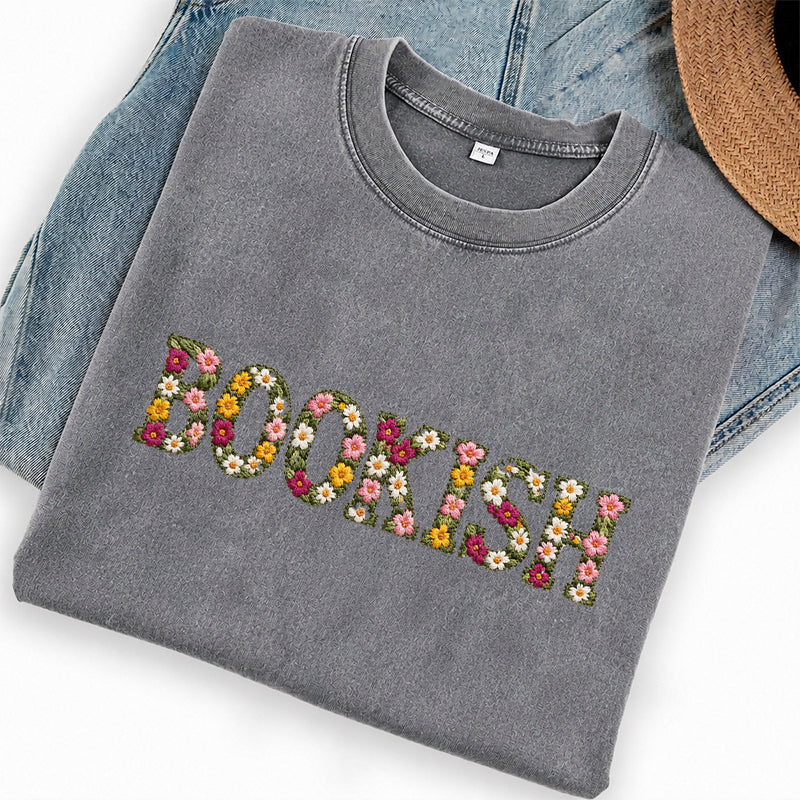 Embroidered Floral Bookish Washed Crew Neck T-Shirt
