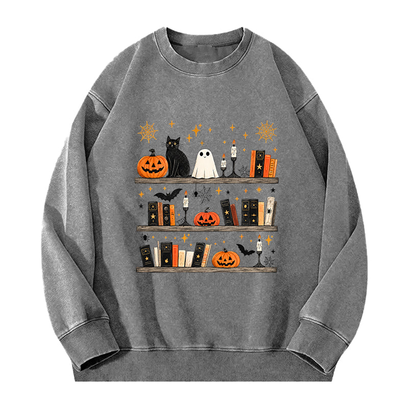 Halloween Book Shelf Washed Crewneck Sweatshirt