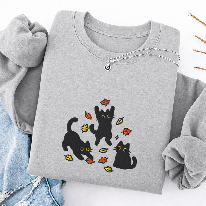 Embroidered Black Cats Fall Leaves Classic Crewneck Sweatshirt