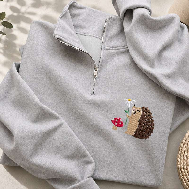 Embroidered Mushroom Hedgehog Classic Quarter Zip Sweatshirt