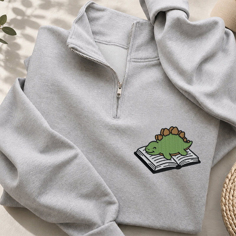 Embroidered Dinosaur Reading Books Classic Quarter Zip Sweatshirt
