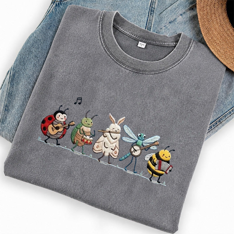 Embroidered Bug Orchestra Washed Crew Neck T-Shirt