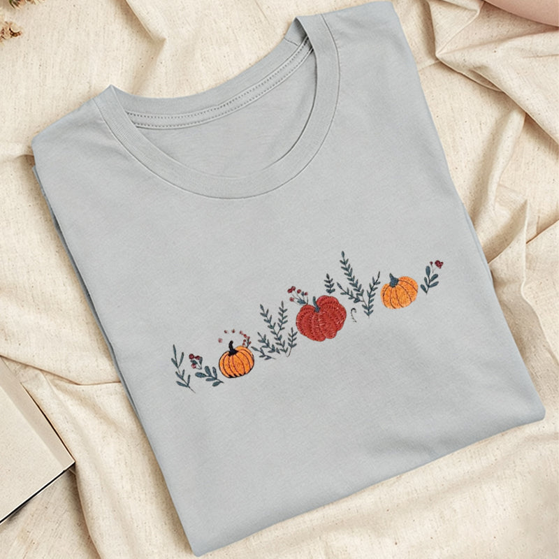 Embroidered Fall Enchanted Pumpkins Classic Adult Unisex Crew Neck T-Shirt