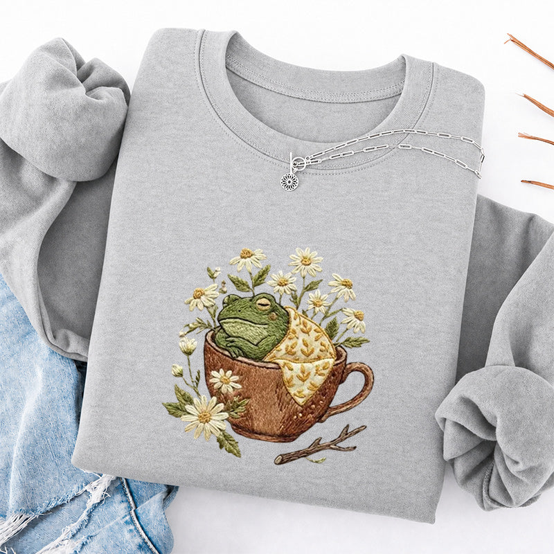 Embroidered Frog in Teacup Classic Crewneck Sweatshirt