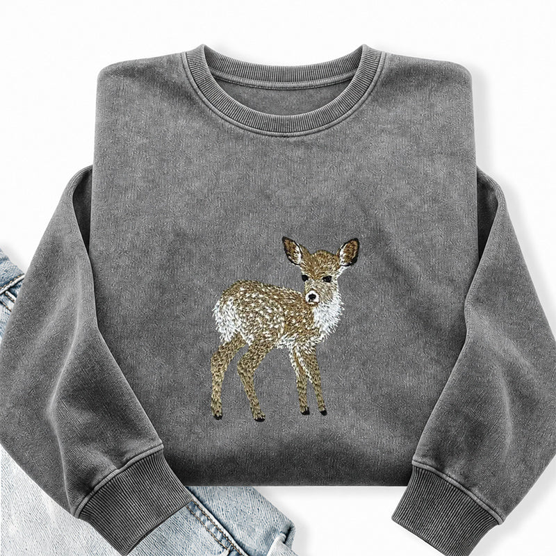 Embroidered Forest Deer Washed Crewneck Sweatshirt