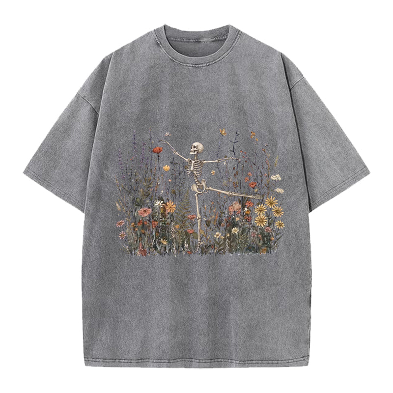 Dancing Skeleton In The Garden Washed Crew Neck T-Shirt