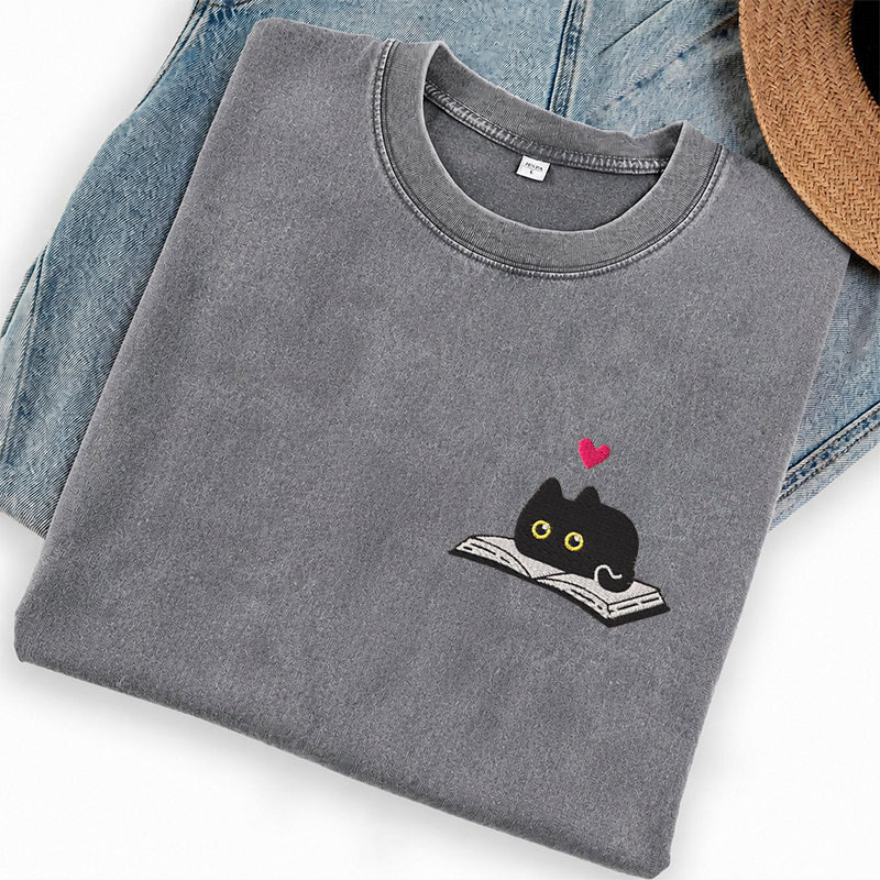 Embroidered Black Cat And Book Washed Crew Neck T-Shirt