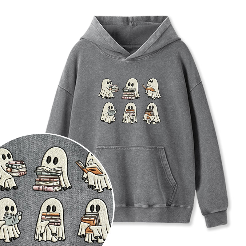 Embroidered Halloween Ghost Book Washed Hoodie