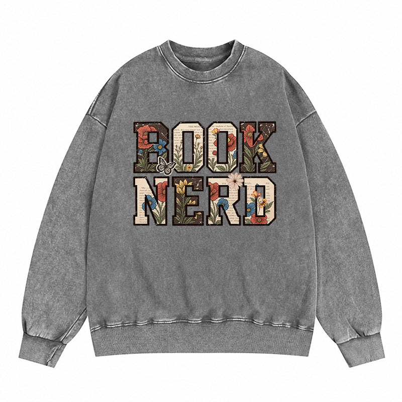 Retro Book Nerd Reading Washed Crewneck Sweatshirt