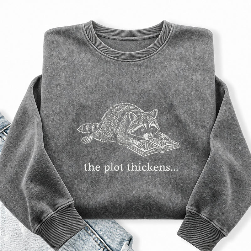 Embroidered The Plot Thickens Reading Raccoon Washed Crewneck Sweatshirt