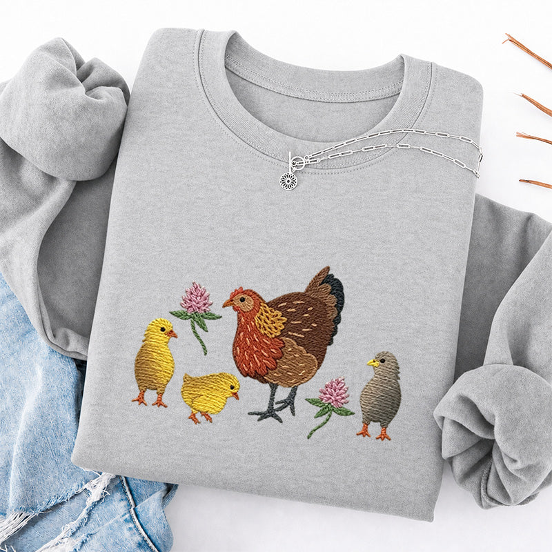 Embroidered Hen & Chicks Classic Crewneck Sweatshirt