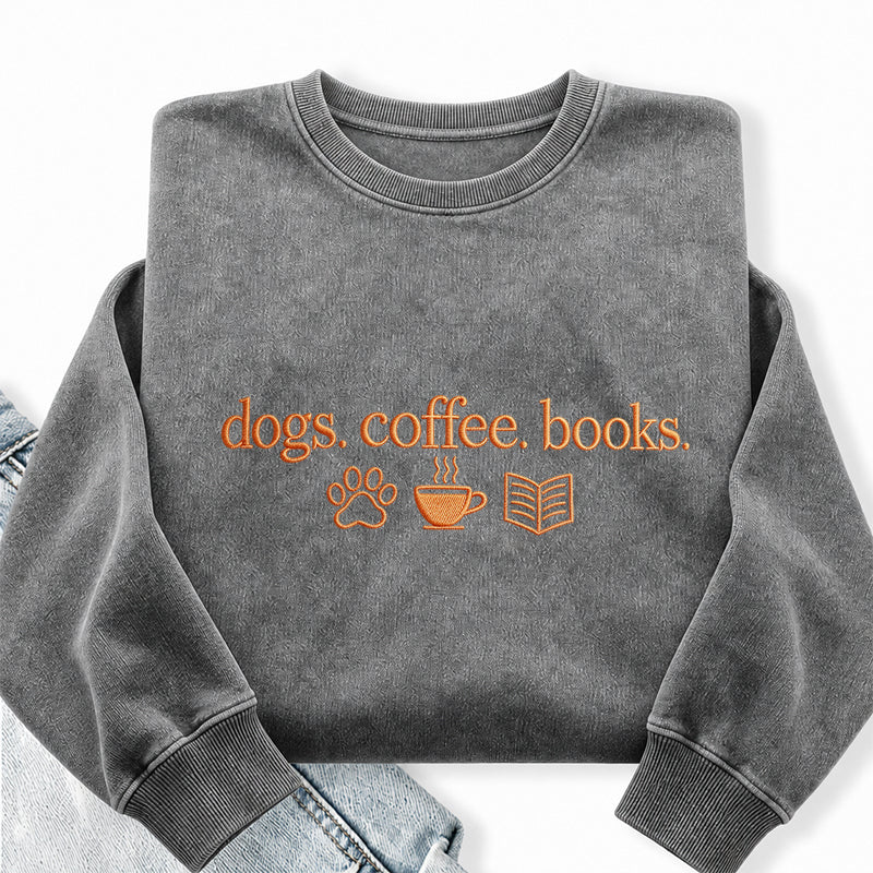 Embroidered Dogs Coffee Books Washed Crewneck Sweatshirt
