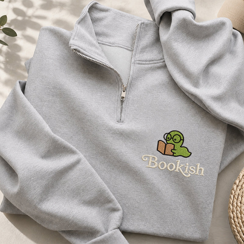 Embroidered Bookish Worm Classic Quarter Zip Sweatshirt
