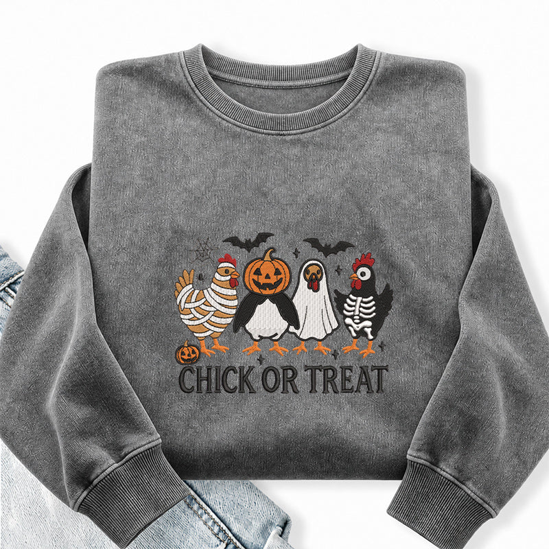 Embroidered Chick Or Treat Washed Crewneck Sweatshirt
