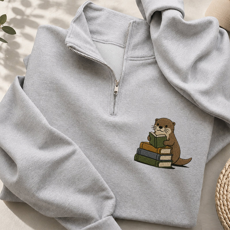 Embroidered Reading Otter Classic Quarter Zip Sweatshirt