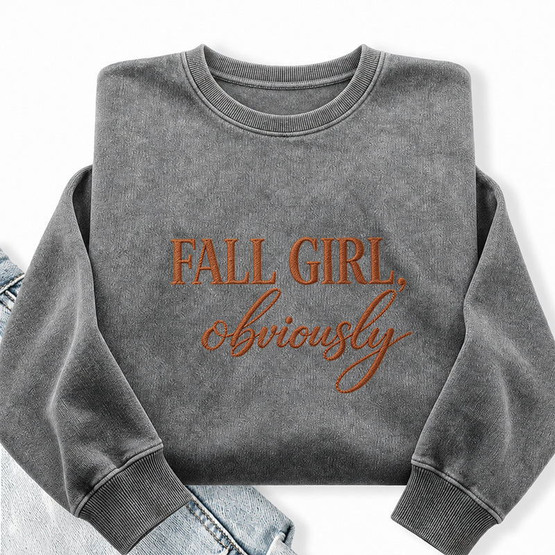 Embroidered Fall Girl Obviously Washed Crewneck Sweatshirt
