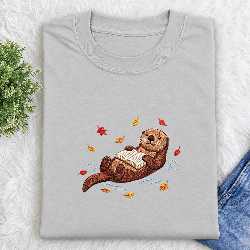 Embroidered Otter Reading Book Classic Crew Neck T-Shirt