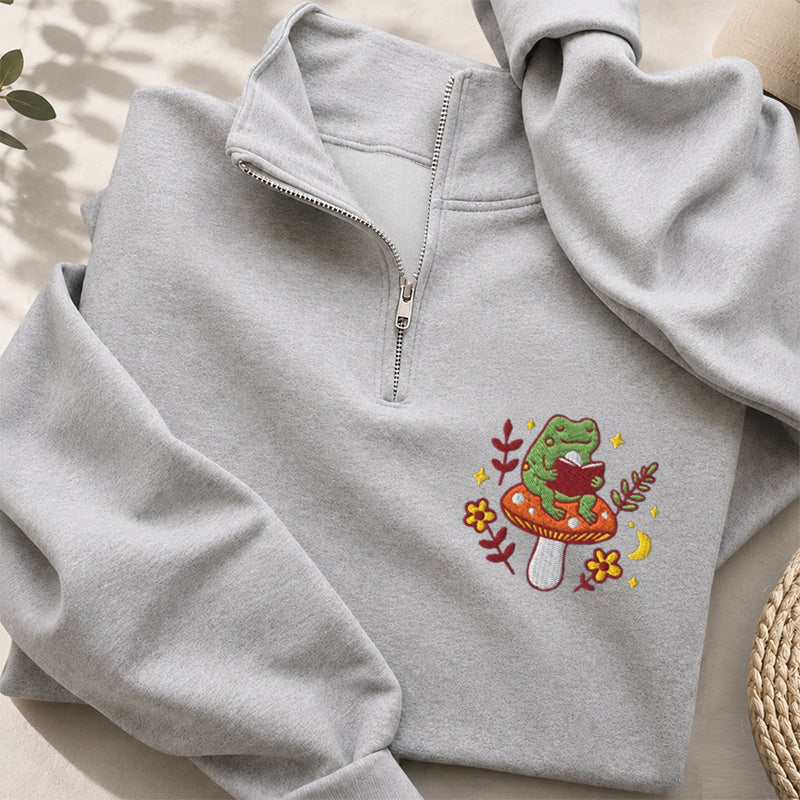 Embroidered Bookish Frog Classic Quarter Zip Sweatshirt