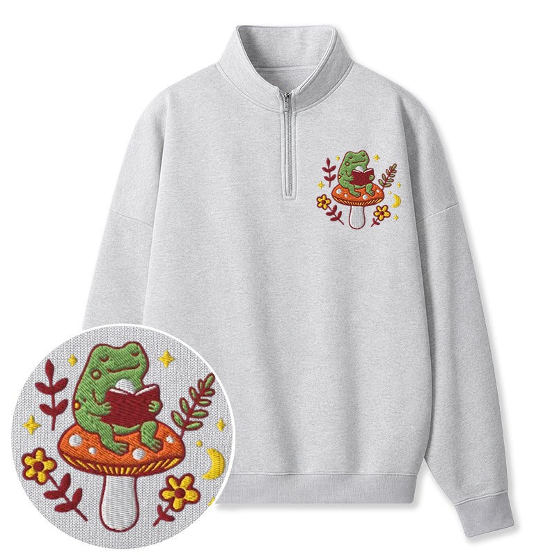 Embroidered Bookish Frog Classic Quarter Zip Sweatshirt
