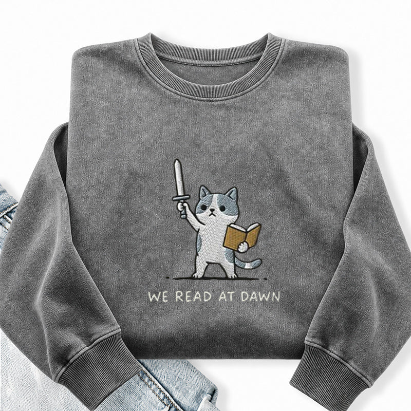 Embroidered We Read At Dawn Cat Washed Crewneck Sweatshirt