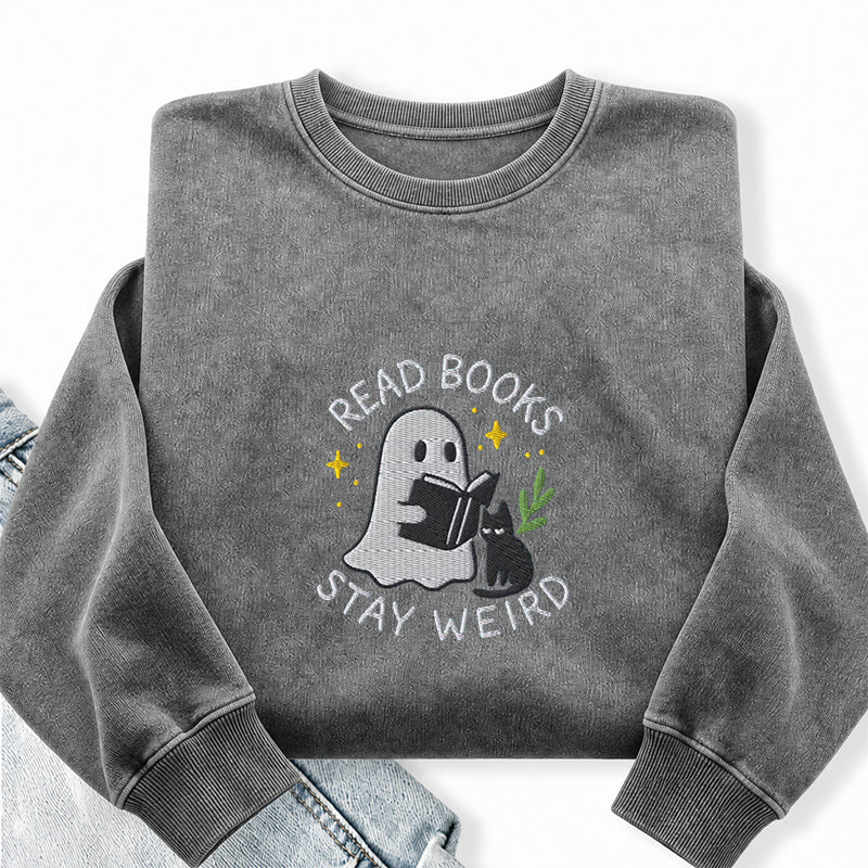 Embroidered Read Books Stay Weird Ghost Washed Crewneck Sweatshirt