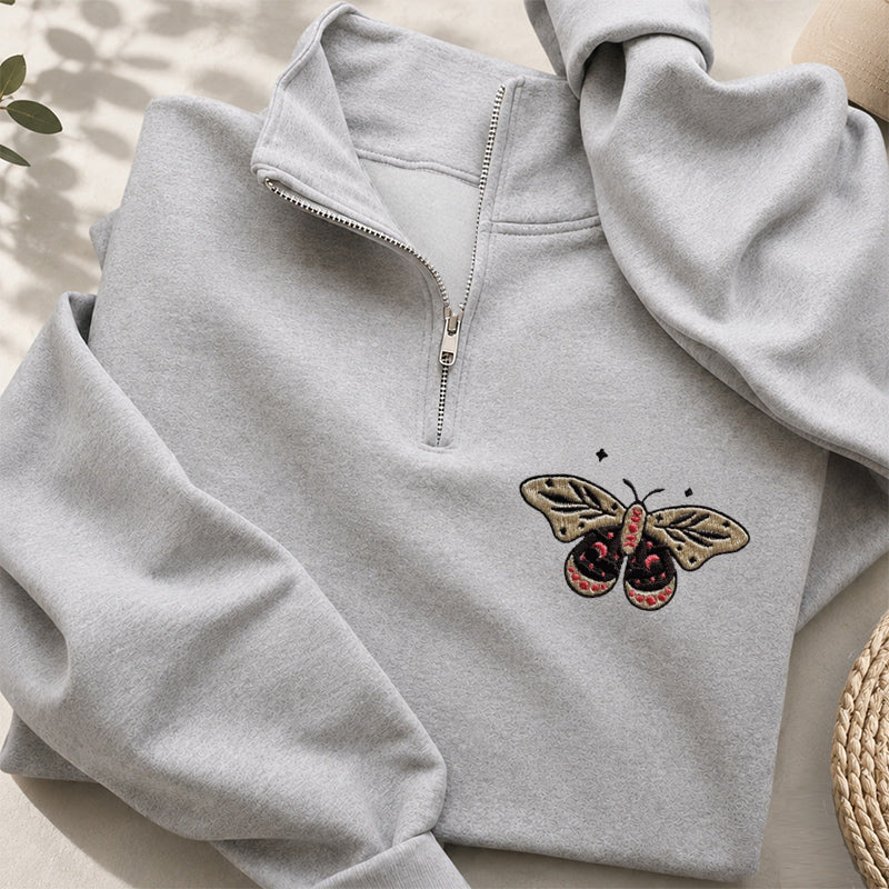Embroidered Moth Butterfly Classic Quarter Zip Sweatshirt
