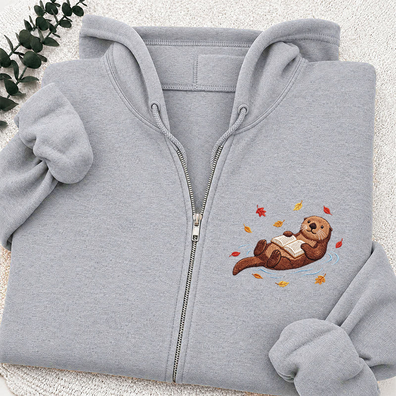 Embroidered Otter Reading Book Classic Full Zip Hoodie