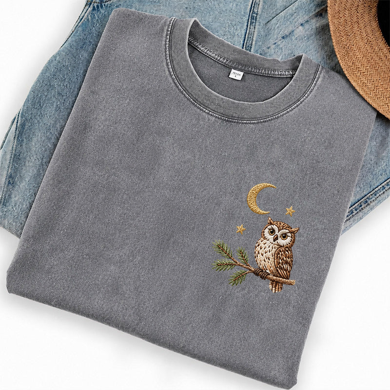Embroidered Night Owl Washed Crew Neck T-Shirt