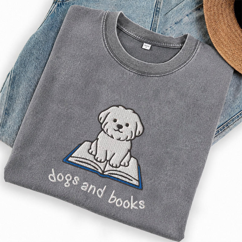 Embroidered Dogs and Books Washed Crew Neck T-Shirt