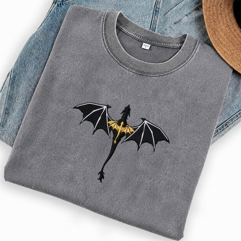 Embroidered Fantasy Book Dragon Washed Crew Neck T-Shirt