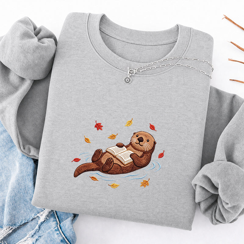 Embroidered Otter Reading Book Classic Crewneck Sweatshirt
