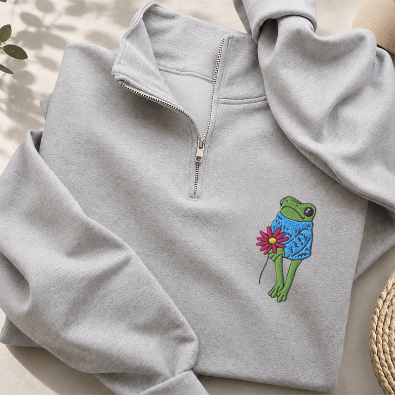 Embroidered Flower Frog Classic Quarter Zip Sweatshirt