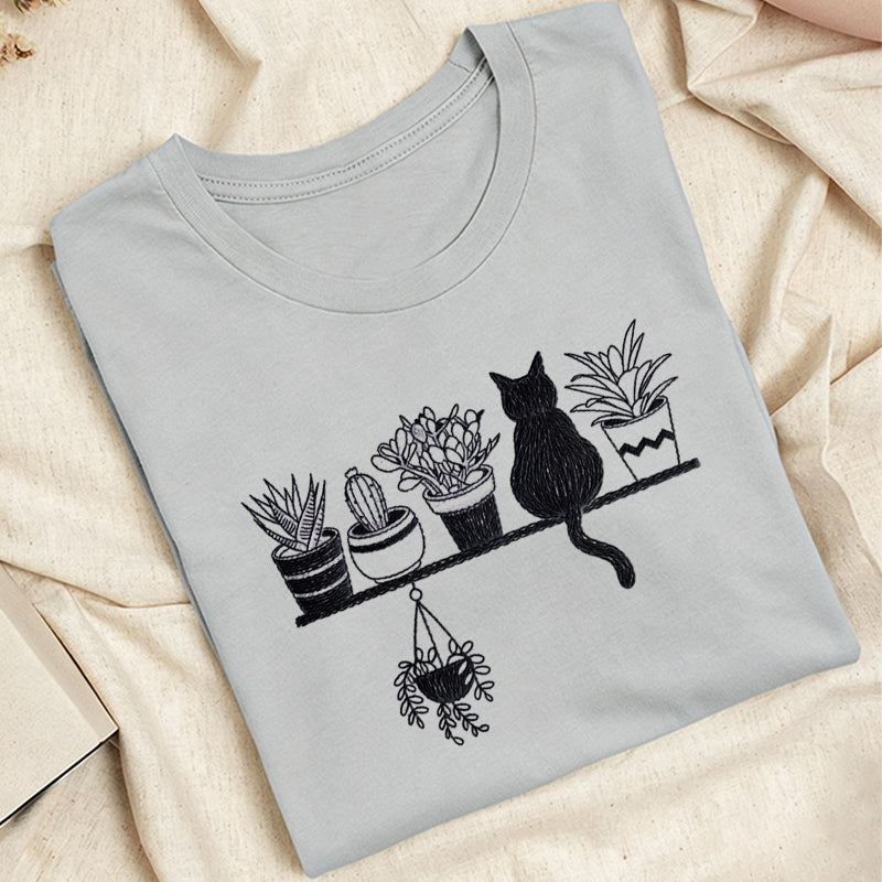 Embroidered Cats And Plants Classic Adult Unisex Crew Neck T-Shirt