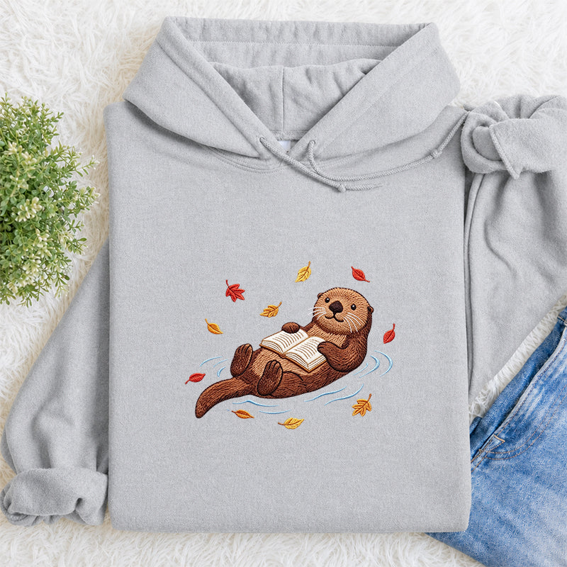 Embroidered Otter Reading Books Classic Adult Unisex Hoodie