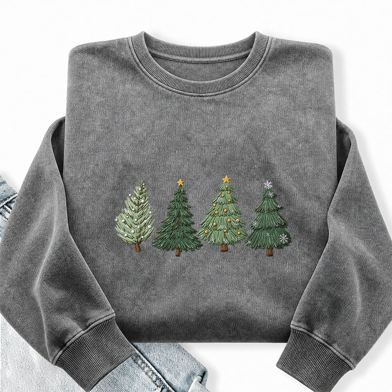 Embroidered Christmas Trees Washed Crewneck Sweatshirt