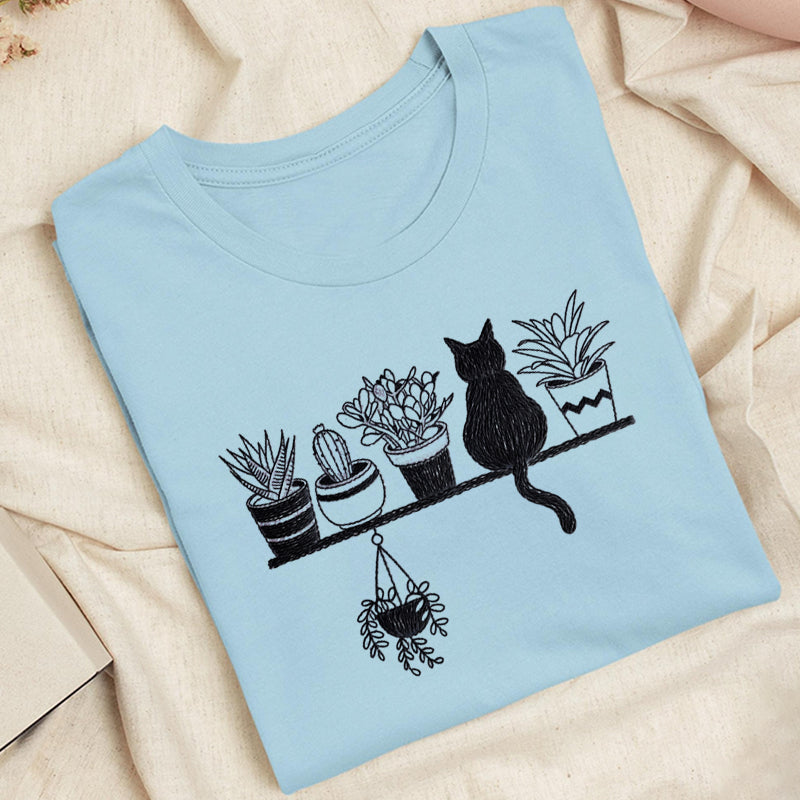 Embroidered Cats And Plants Classic Adult Unisex Crew Neck T-Shirt