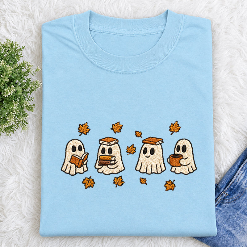 Embroidered Autumn Bookish Ghost Classic Crew Neck T-Shirt