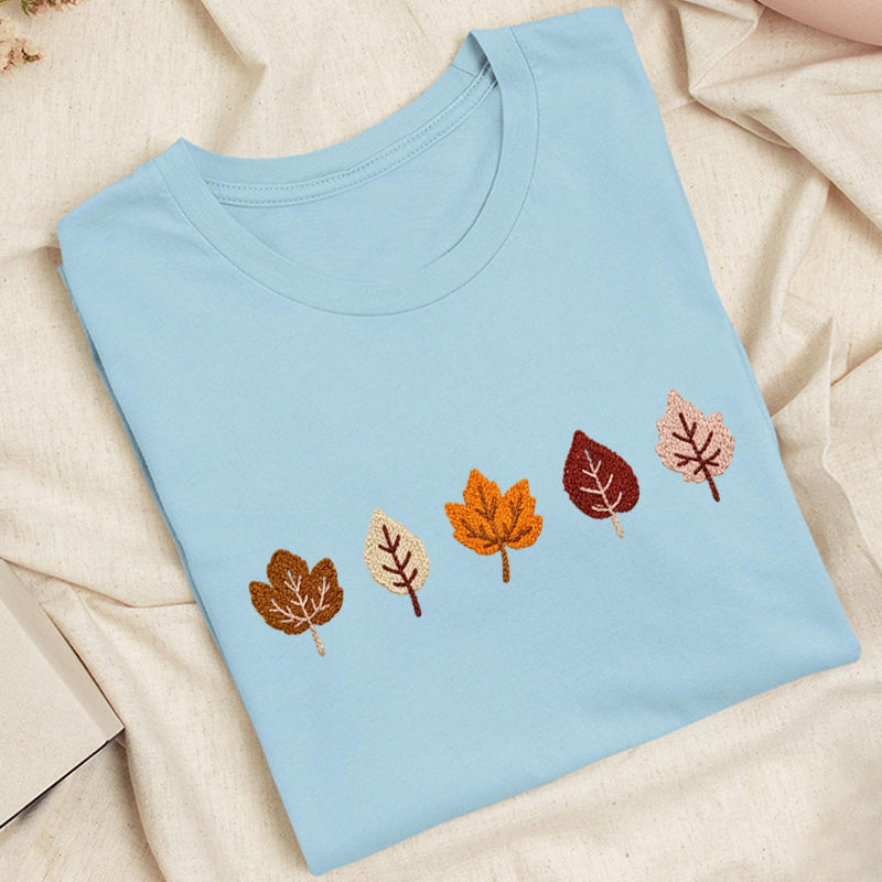 Embroidered Fall Leaves Classic Adult Unisex Crew Neck T-Shirt