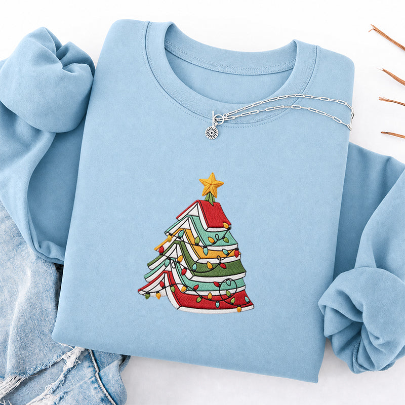 Embroidered Book Christmas Tree Classic Crewneck Sweatshirt